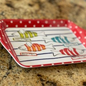 French melamine sandwich plates. 5 Never used. Bright red dots and colorful fish